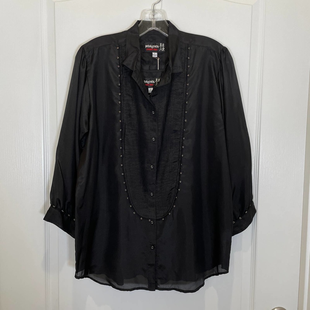 Johnny Was Pete & Greta 2-Piece Black Silk Blouse Beaded with Cami S
